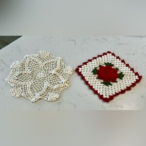 Vintage Crochet Doily/Hot Pad Set - Cream and Red